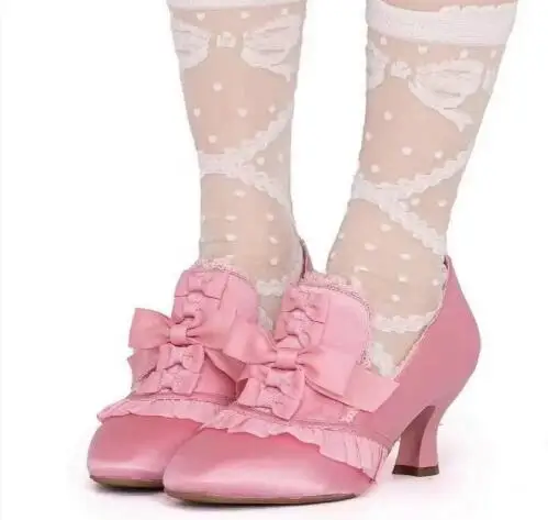 

Sweet Ladies Pink Blue Burgundy Silk Butterfly Knot Round Toe Pumps Women Slip On High Heel Lolita Cosplay Shoes Size 42