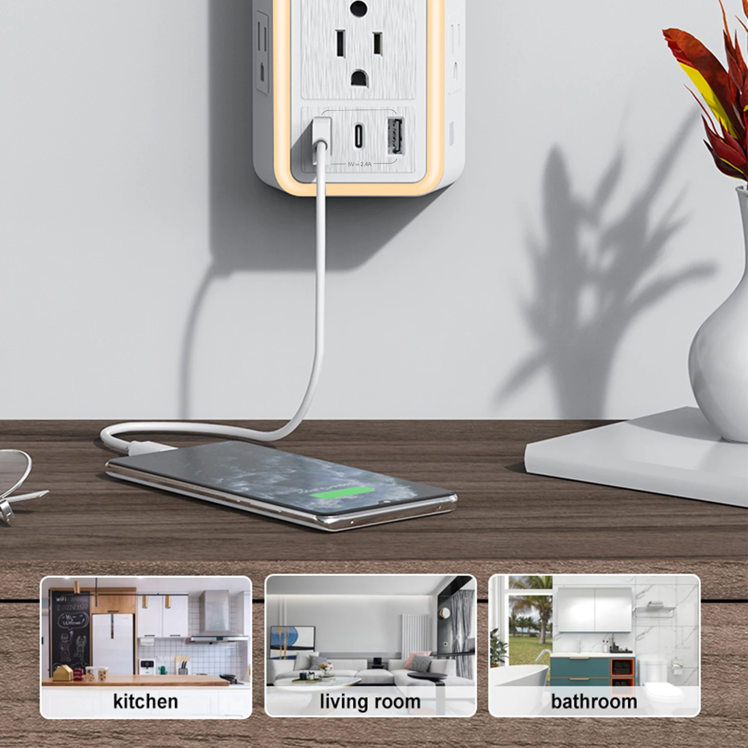 9-in-1 Surge Protector 6-Outlet Extender with 2 USB & 1 USB-C Ports Power Strip Multi Plug Outlets Wall Adapter Spaced for Home