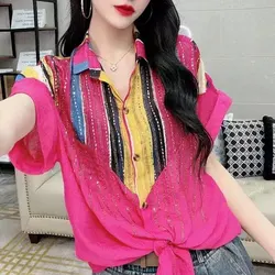 Office Lady Stylish Striped Patchwork Blouse Summer Elegant Bandage Bow Casual Lapel Single-breasted Female Chic Diamonds Shirt