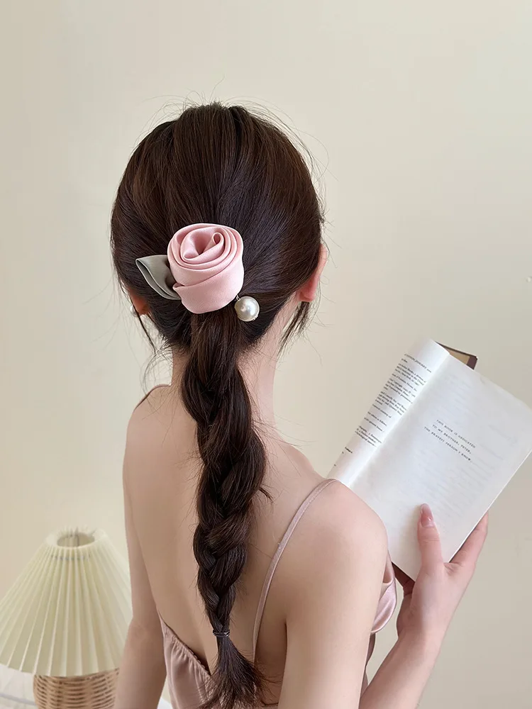 Women Elegant Silk Rose Flower Pearl Elastics Hair Band Beatiful Scrunchies Hair Ties Ladies Ponytail Holder Hair Accessories