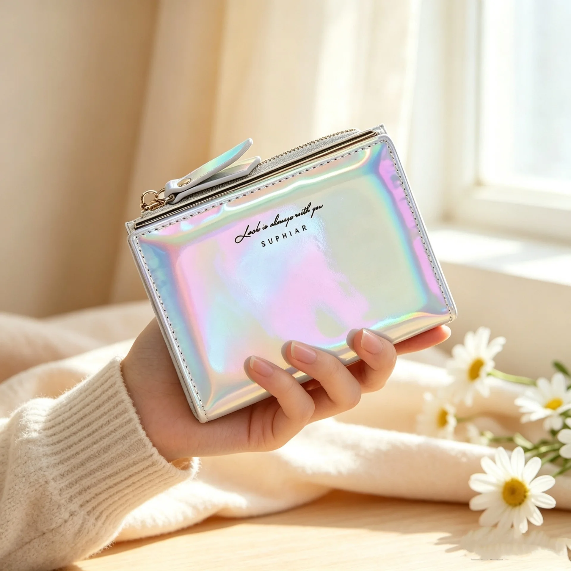 Women Korean Gradient Laser Bifold Wallet Lightweight Large Capacity Multi Card Slots Zipper Snap Buckle Short Purse