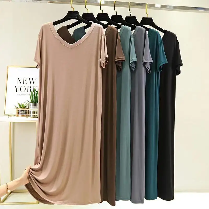 

V-neck Loose Nightgown Female Thin Modal Pajamas Home Wear Dress Short Sleeve Sleepwear Bottoming Skirt Casual Nightdress