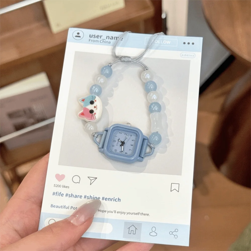 New Adjustable Bracelet Watch Cartoon Cat Beaded Chain Watch Cute Quartz Watch for Women Girls