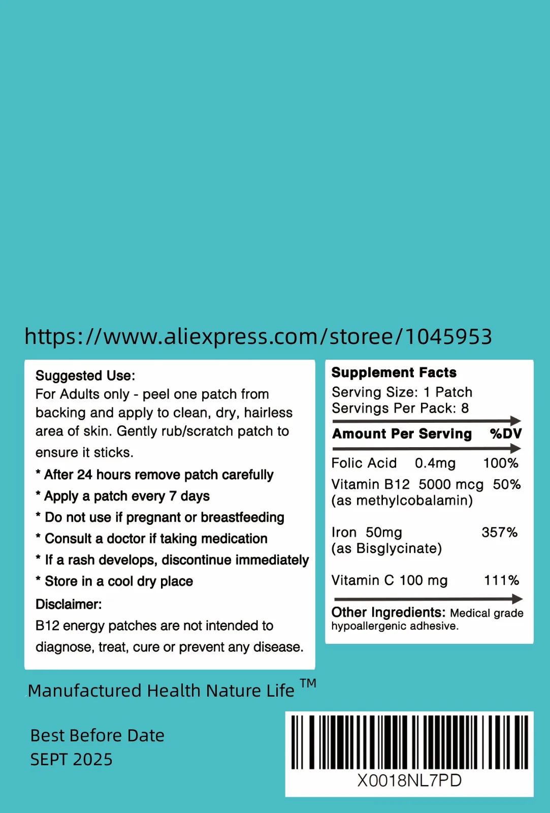 B12 5000 mcg + Iron 50mg (Bisglycinate), Vitamin C 100mg , Folic acid 0.4 mg