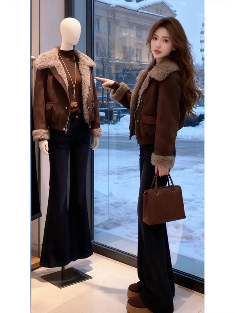 

Lamb Fur Lined Thiened Cotton Jaet Women's Winter Warm Outerwear Loose Fit High End Feel Commute Sle Korean Version