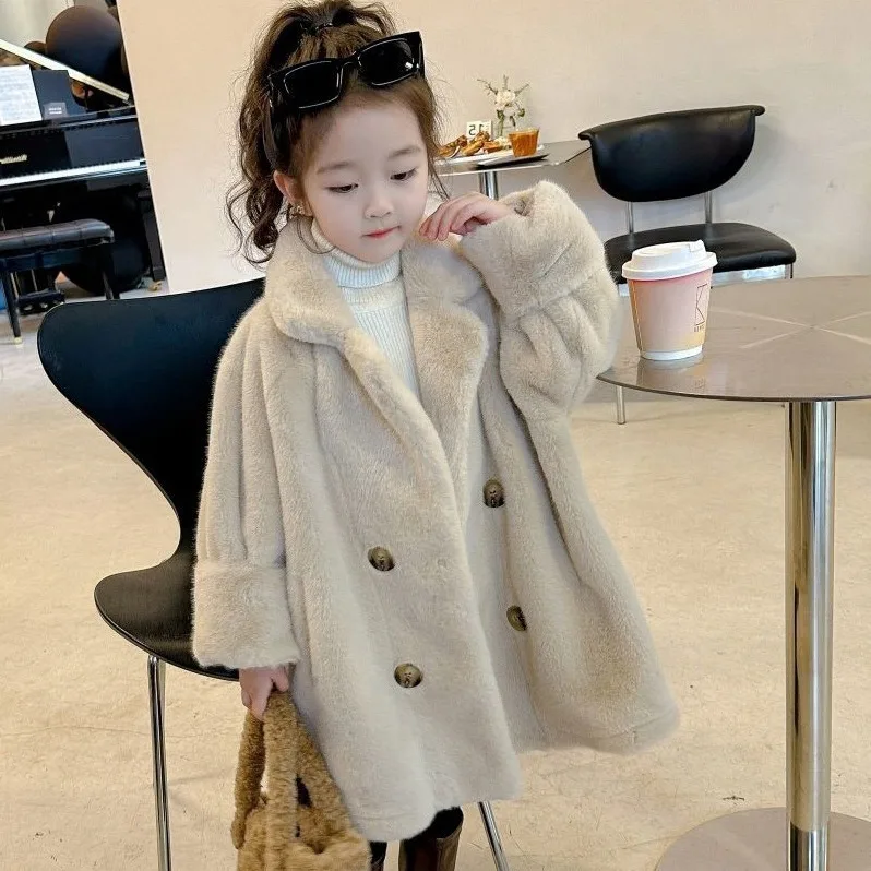 autumn winter pink apricot baby girls imitation fur coat Korean child plush Medium length Outerwear jacket kids Parkas overcoat