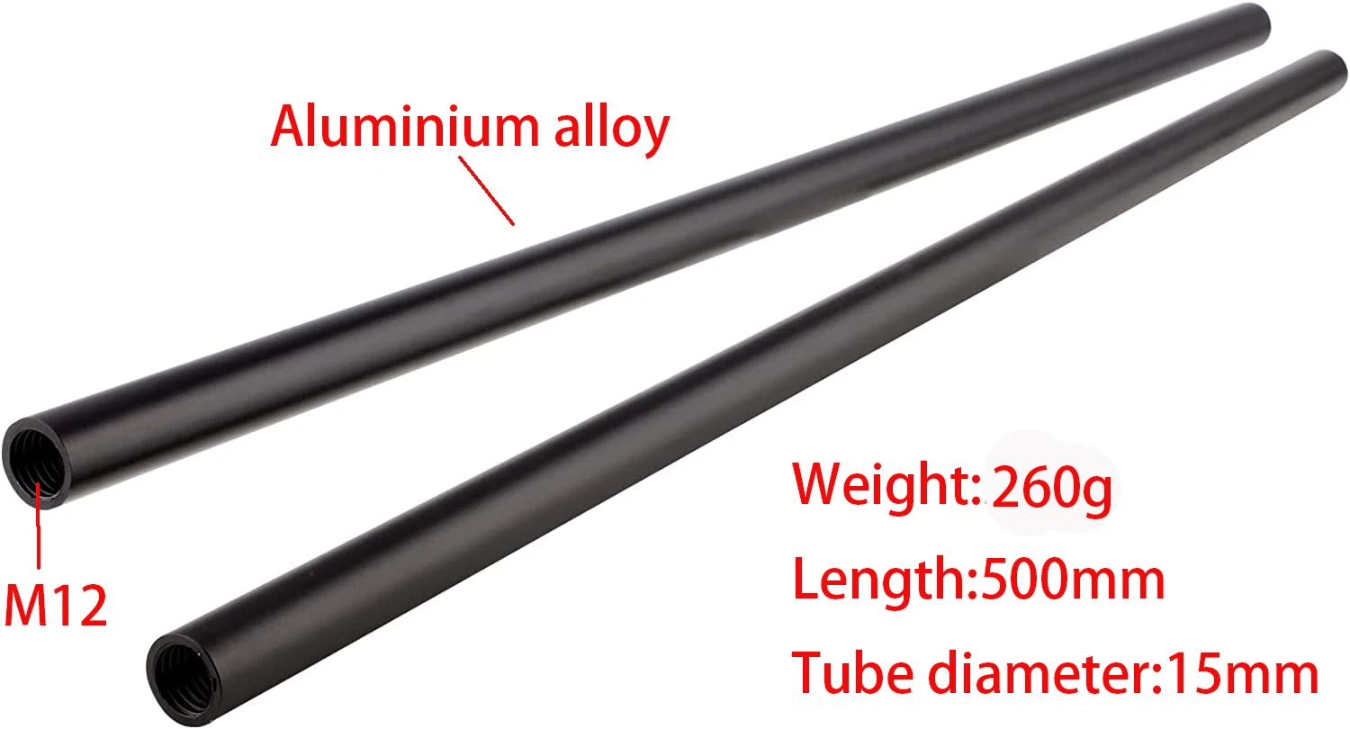 2 pieces 15mm Rods 500mm(19.69Inch) Long for Camera Rail Support System, Follow Focus,Shoulder Rig Rod Support System, Matte Box