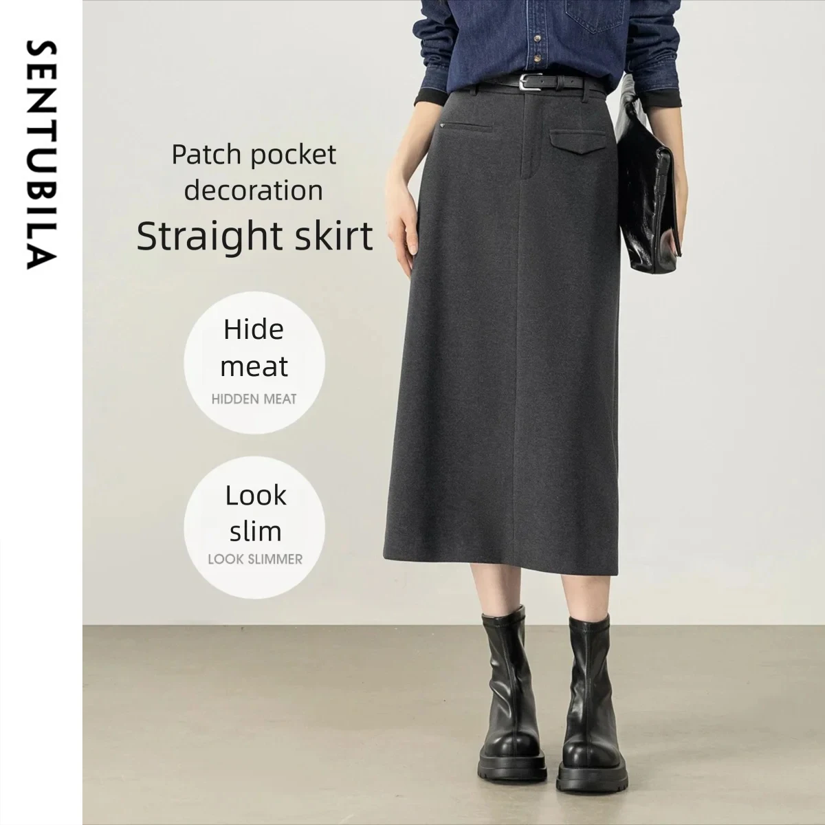 

SENTUBILA Mid-Length Solid Skirt for Women Autumn 2025 False Lip Pocket Office Commute Stretch Split Hem A-Line Skirt 153QF2835