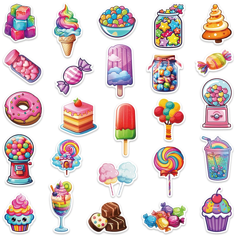 50pcs Aesthetic Cartoon Dessert Lollipop Candy Stickers Cute Kids Water Bottle Sticker Luggage Laptop Guitar Waterproof Decals