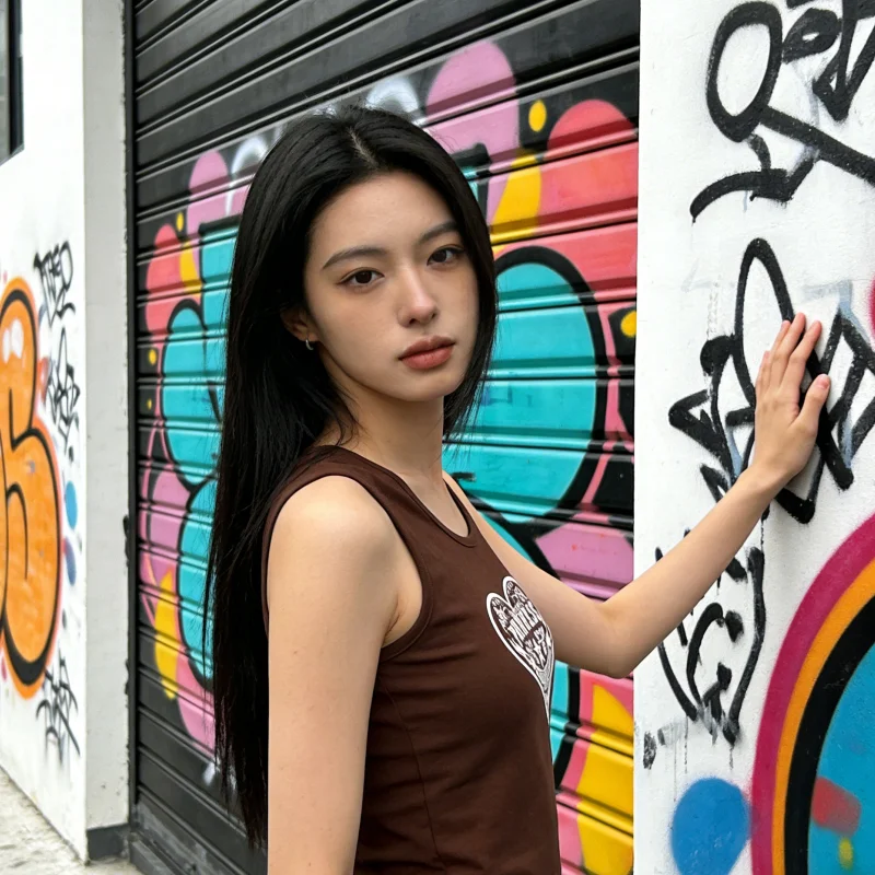 

Лето 2022, американский ретро, темно-коричневый пикантный нишевый женский пуловер без рукавов с буквенным принтом в виде сердца, футболка