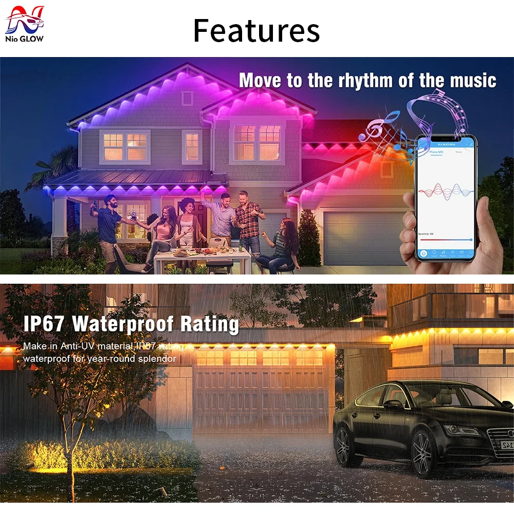 Luci permanenti per esterni, illuminazione per esterni RGBIC intelligente, strisce luminose impermeabili, con telecomando e controllo tramite app mobile