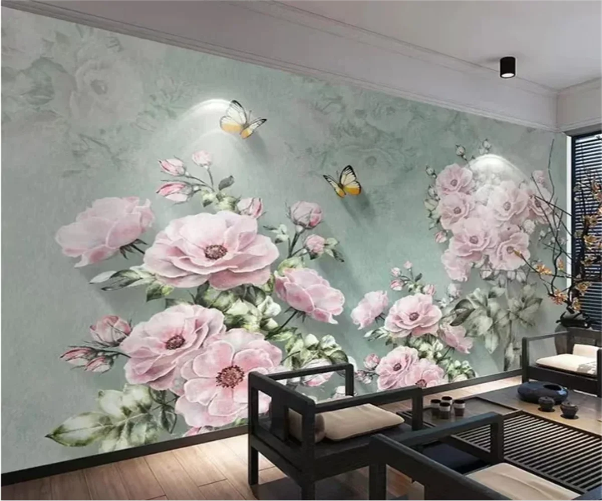 

Customized photo wallpaper European style nostalgic retro three-dimensional rose butterfly TV indoor background wall wallpaper