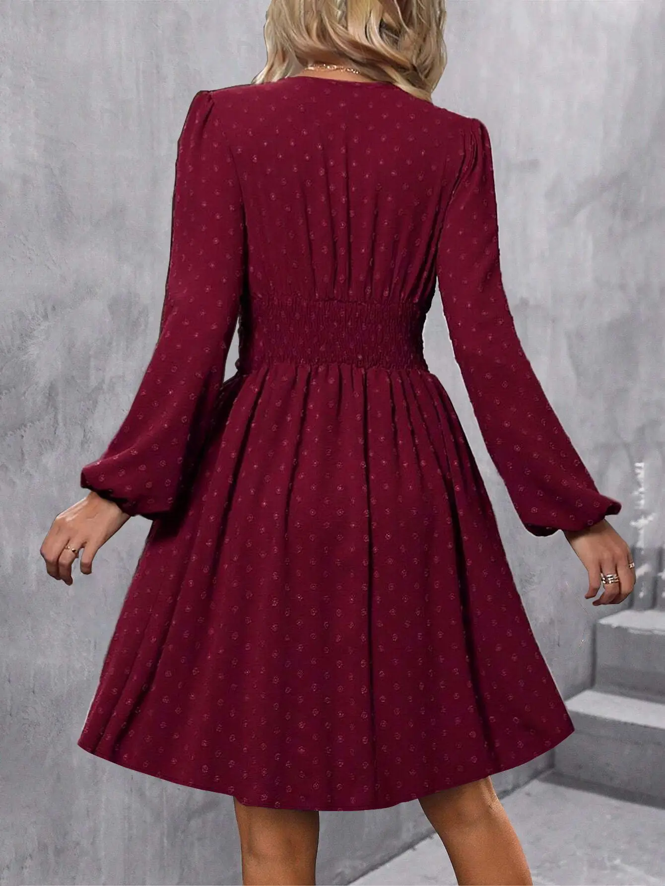 Elegant Women Lantern Seeve Jacquard Mini Dress Autumn V-neck Long Sleeve A-line Dresses Party Dresses Streetwear