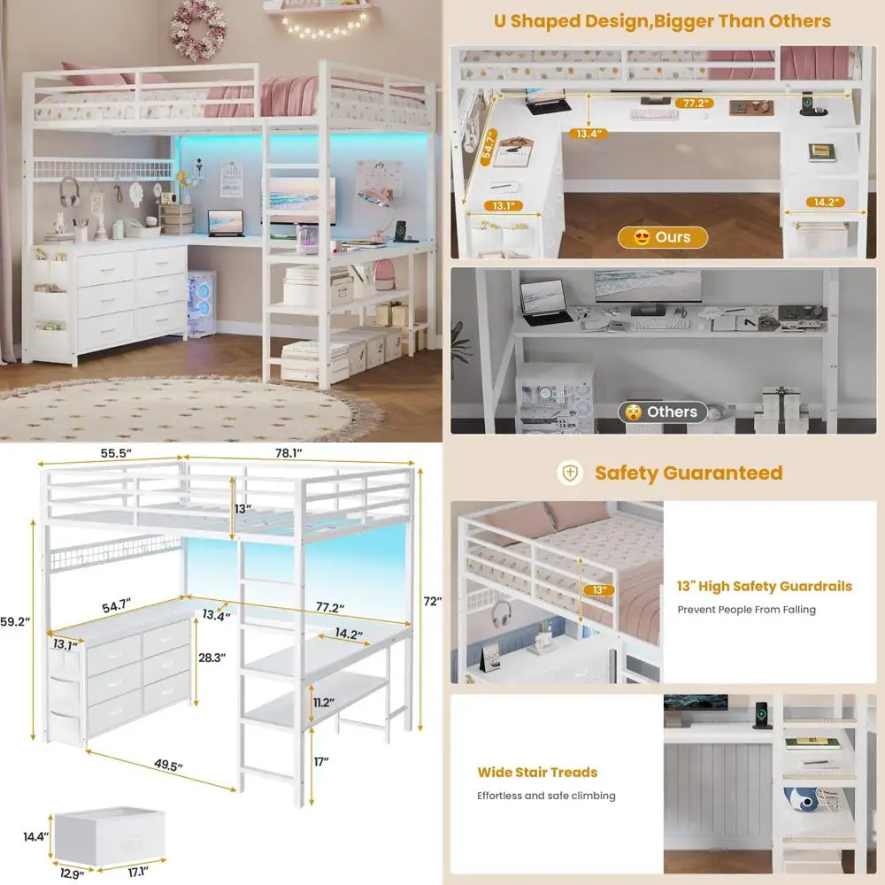 Cama alta de tamanho completo com mesa em forma de U, 6 gavetas, tomada de energia, iluminação LED e prateleiras de armazenamento