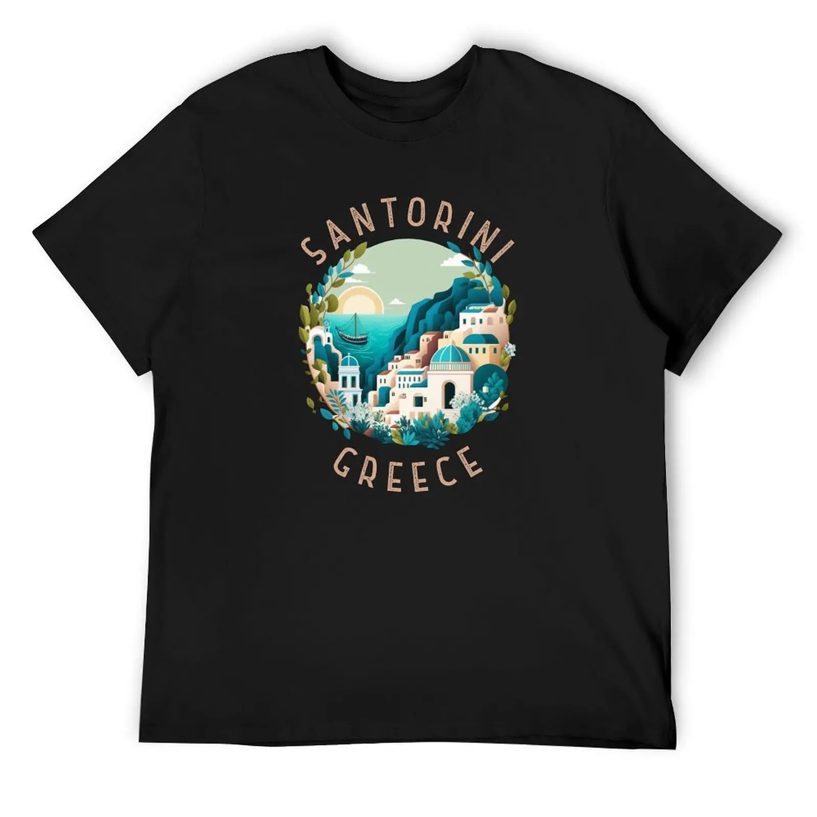 

Santorini Greece Distressed Circle T-Shirt Short sleeve tee boys animal print topping Short sleeve tee men