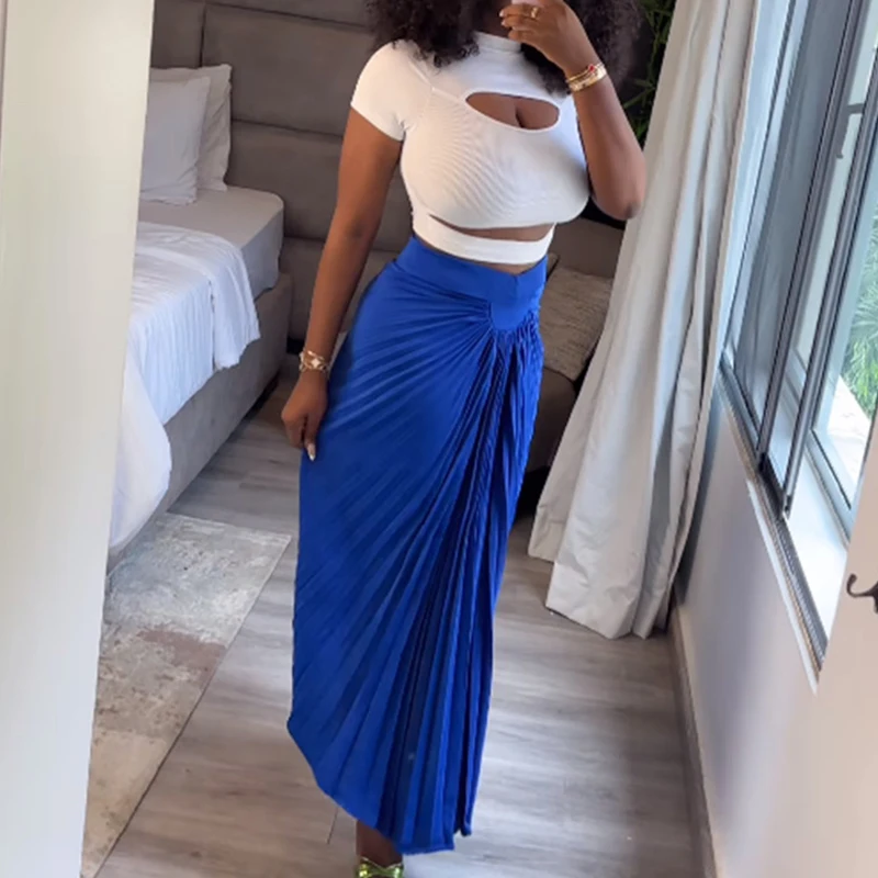 BKLD Feminine High-Waisted Pleated Skirts Elastic Waist Elegant BlueIrregular New Mid-long Skirt Office Lady Streetwear Bottoms