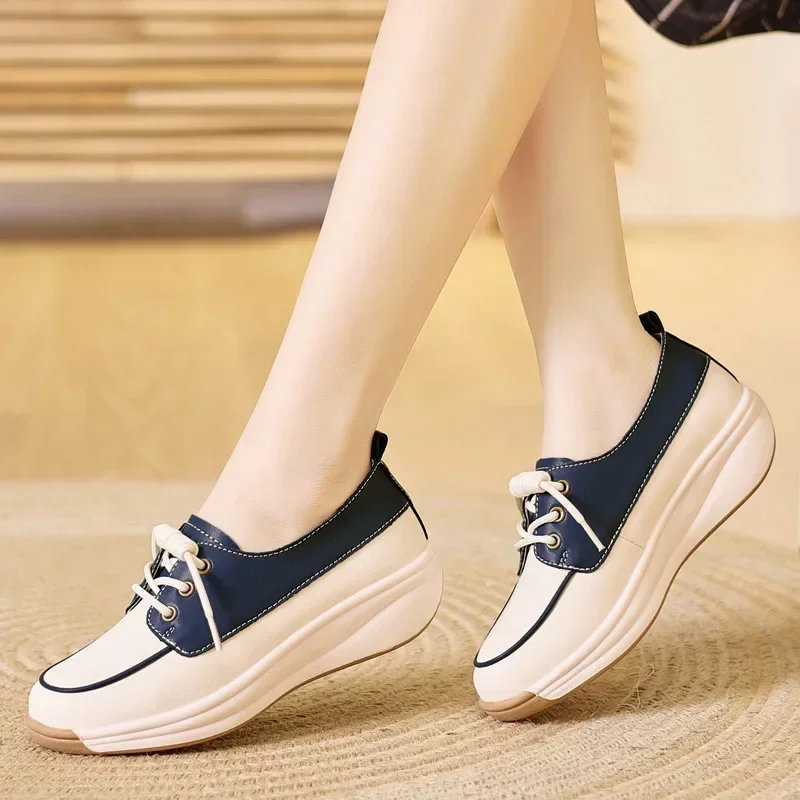 Women Fashion Platform Flats Sneakers  Autumn Breathable Lace Up Wedge Sport Shoes Comfort Soft Leather Travel Casual Shoes