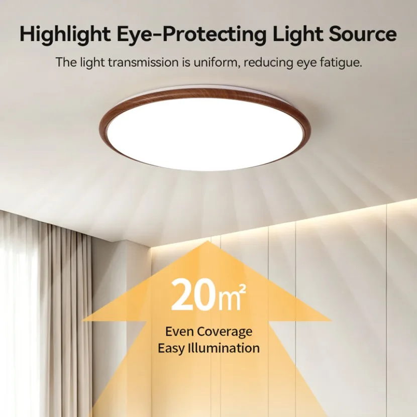 Wood Grain LED Ceiling Light Remote Control Dimmable 3000K-6500K  Round Flush Mount Ceiling Lamp for Bedroom Living Room Kitchen