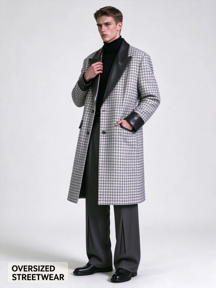 Men's Houndstooth Long Coat Retro British High Street Party Business Smart Casual Daily Urban Style Oversized Plaid Trench Coat