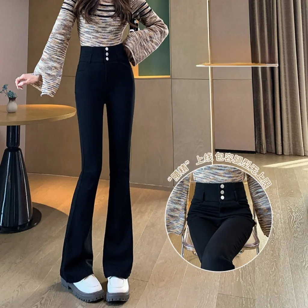 

Women's High-Waisted Black Bell-Bottom Jeans Slightly Flared Slim Slit Horseshoe Pants for Spring & Fall Popular Style
