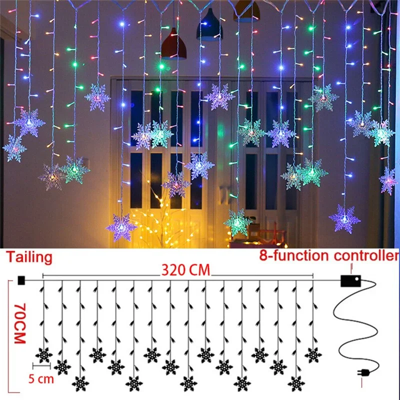 

LED Snowflake String Lights EU Plug 2025 New Year Christmas Garland Home Wedding Party Garden Decoration Room Decor Aesthetic