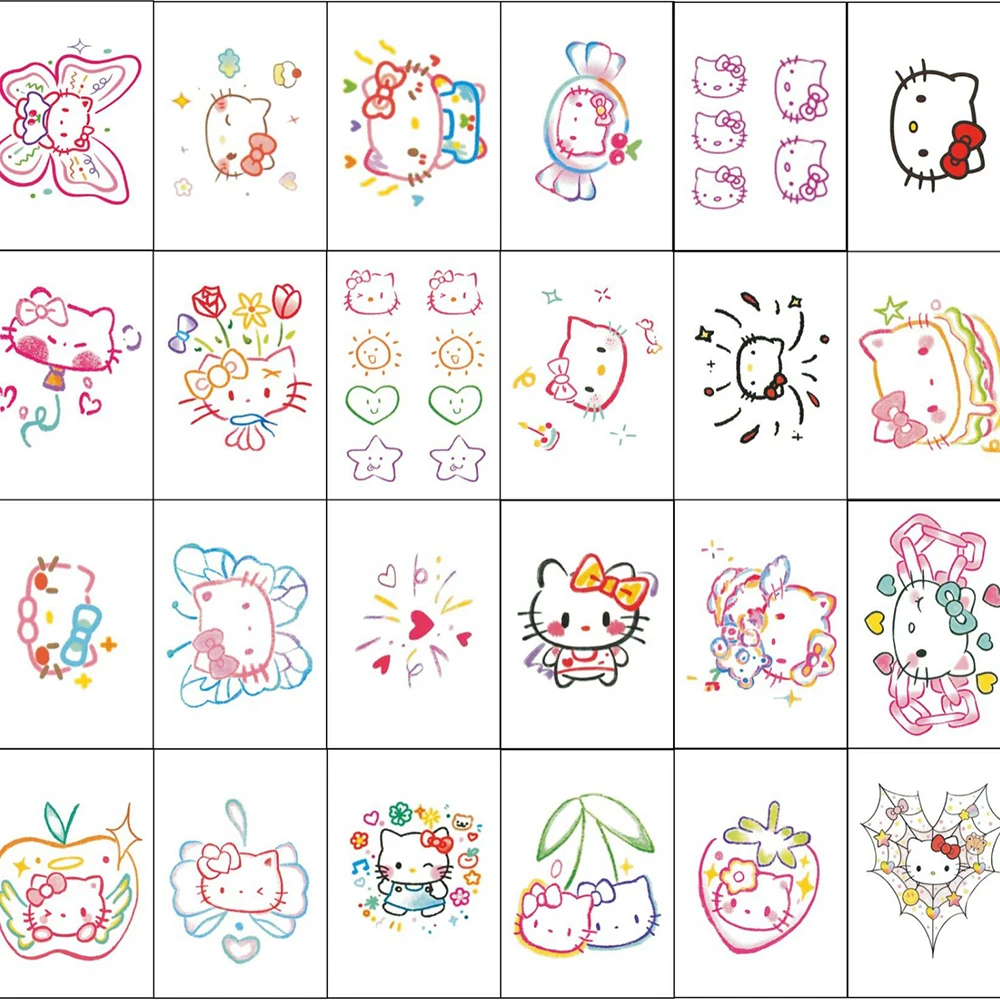 Tatuajes coloridos de Hello Kitty para niñas, calcomanías Kawaii de dopamina, tatuajes falsos temporales, juguetes para el brazo y el cuerpo, 24/25