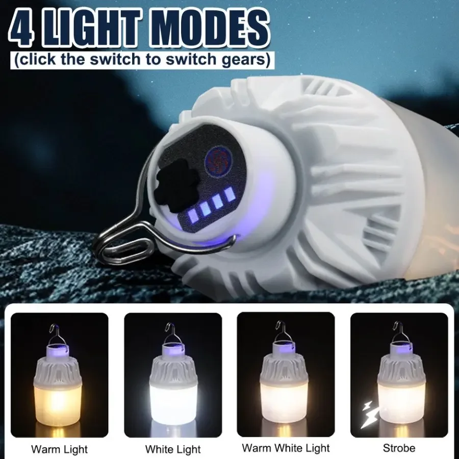 Outdoor Portable LED Camping Light ABS Mini 4 Modes Tent Lamp Type-C USB Rechargeable Lantern Night Lights Bulb with Hook