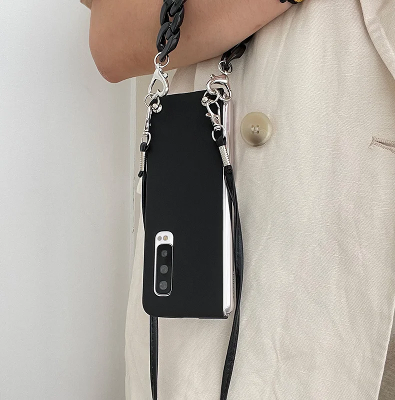 Fashion Black Bracelet Hand Chain Long Strap Crossbody Skin Back Portable Case For Samsung Galaxy Z Fold 3 2 ZFold 6 7 ZFold 5 4