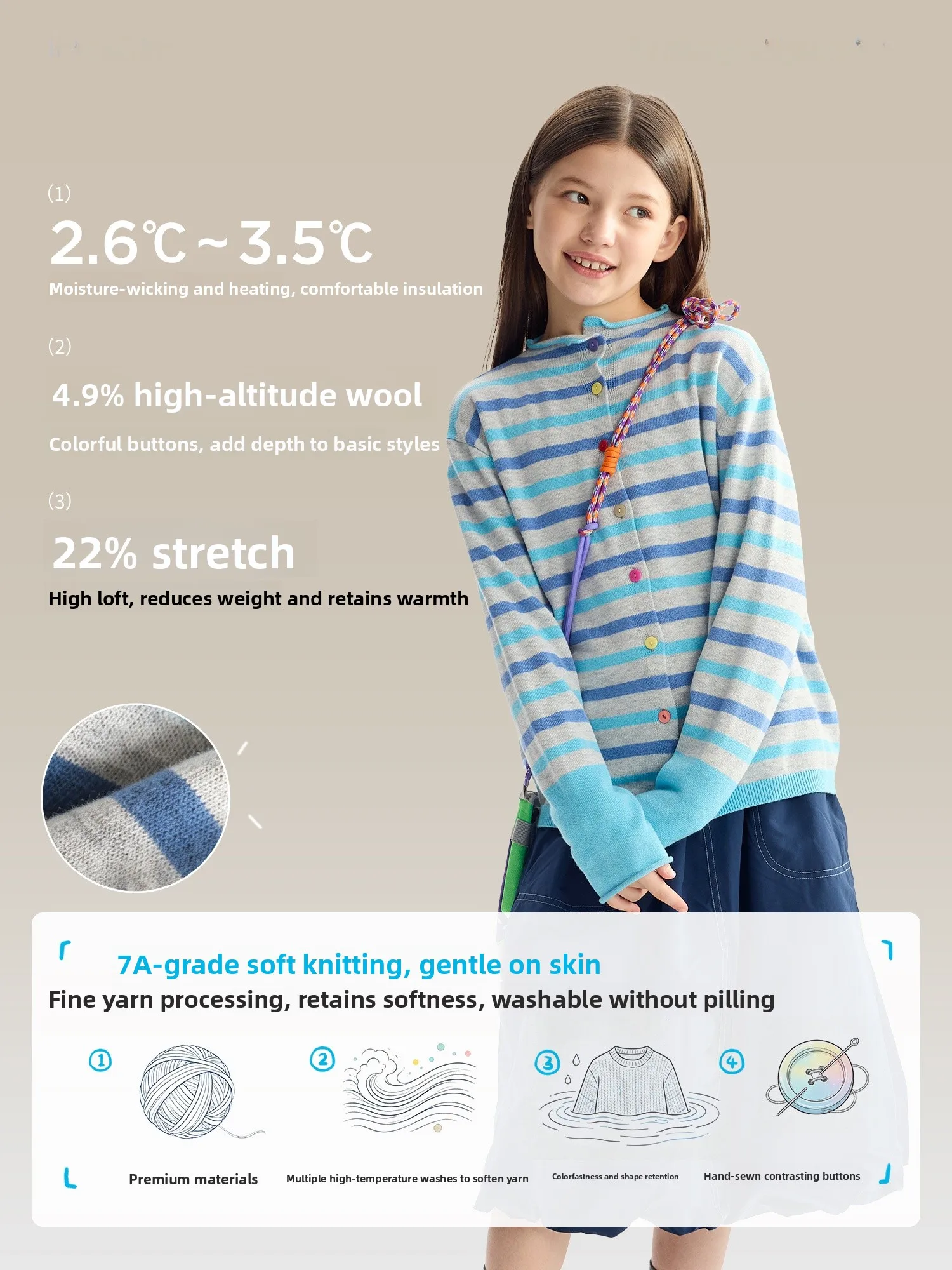 Purrfect Diary Kids Wool Knitted Sweater Striped Color Block Cardigan Coat Soft Polyester Nylon Acrylic Wool Blend Long Sleeve