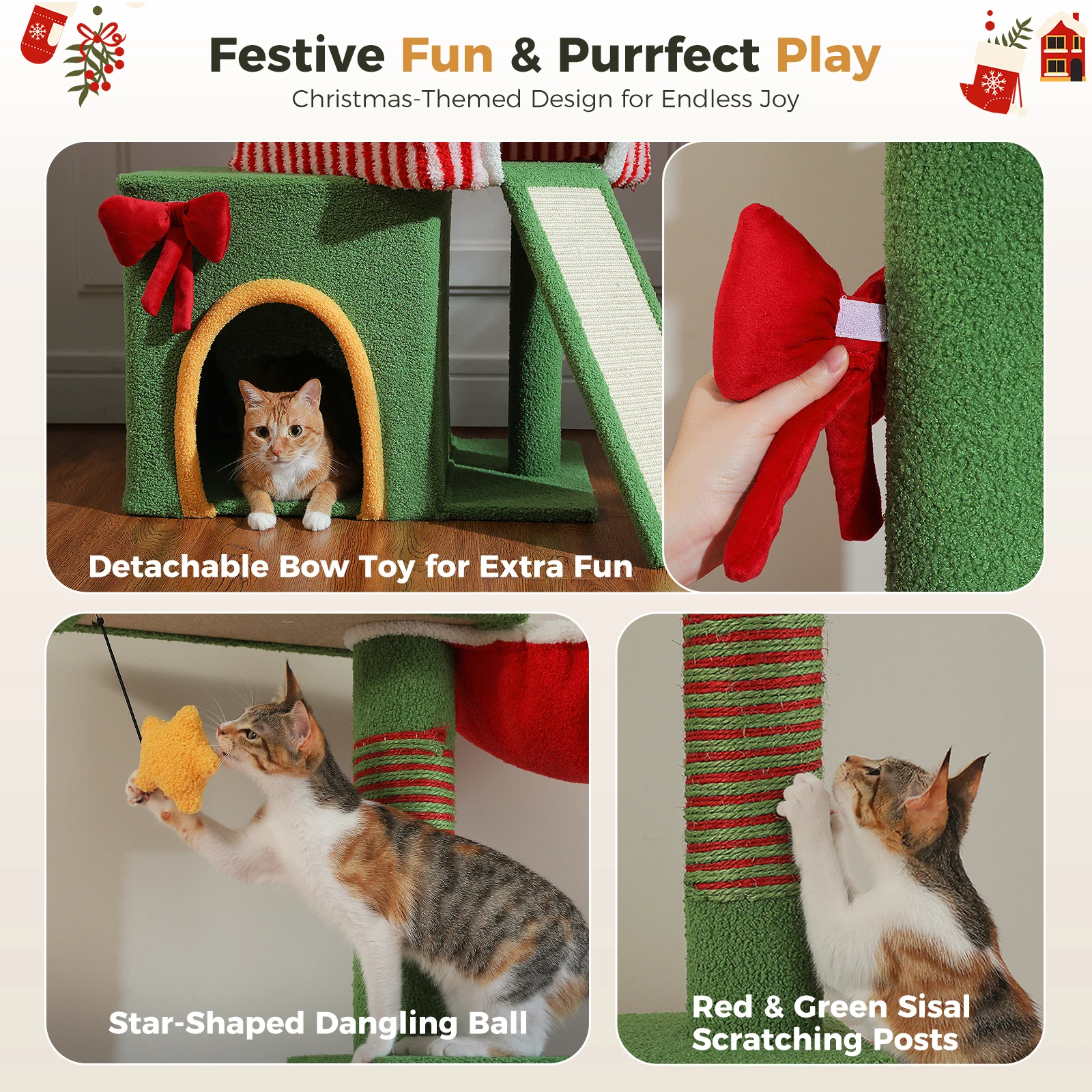 Weihnachts-Katzenbaumturm mit rot-grünem Eigentumswohnung, mehrstufiger Katzenturm mit Sisal-Kratzbäumen, Katzenmöbel für Hauskatzen – Detail 40