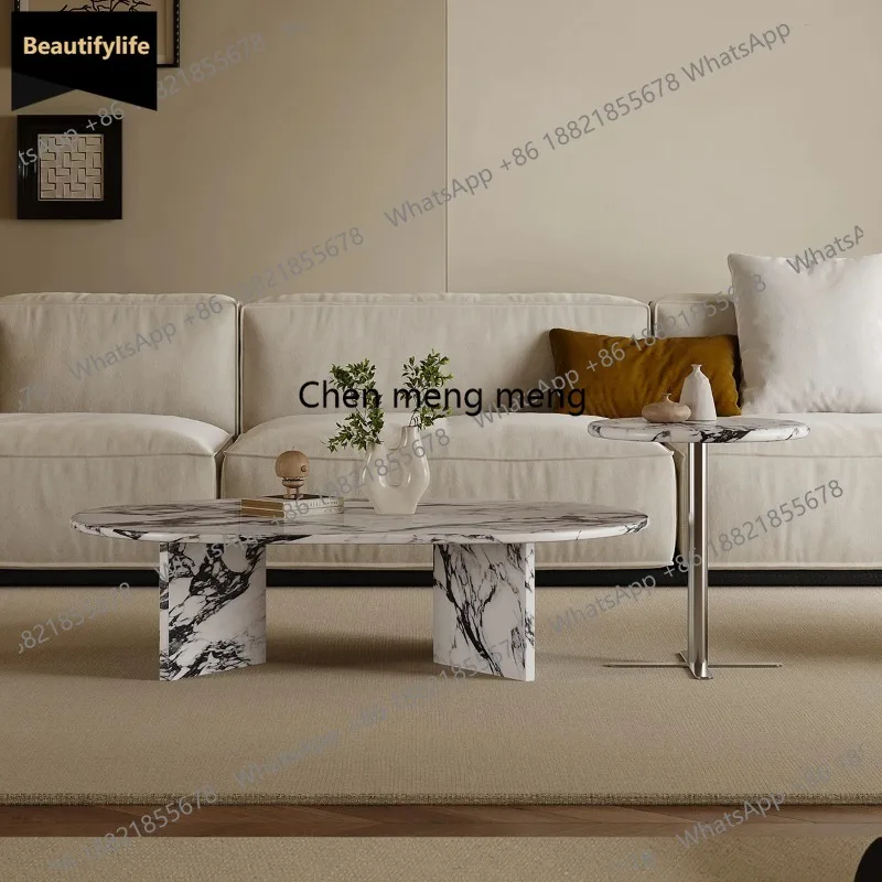 

C85 French Cream Marble Coffee Table, Round Vintage Luxury Designer End Table for Living Room, Modern Natural Stone Table​