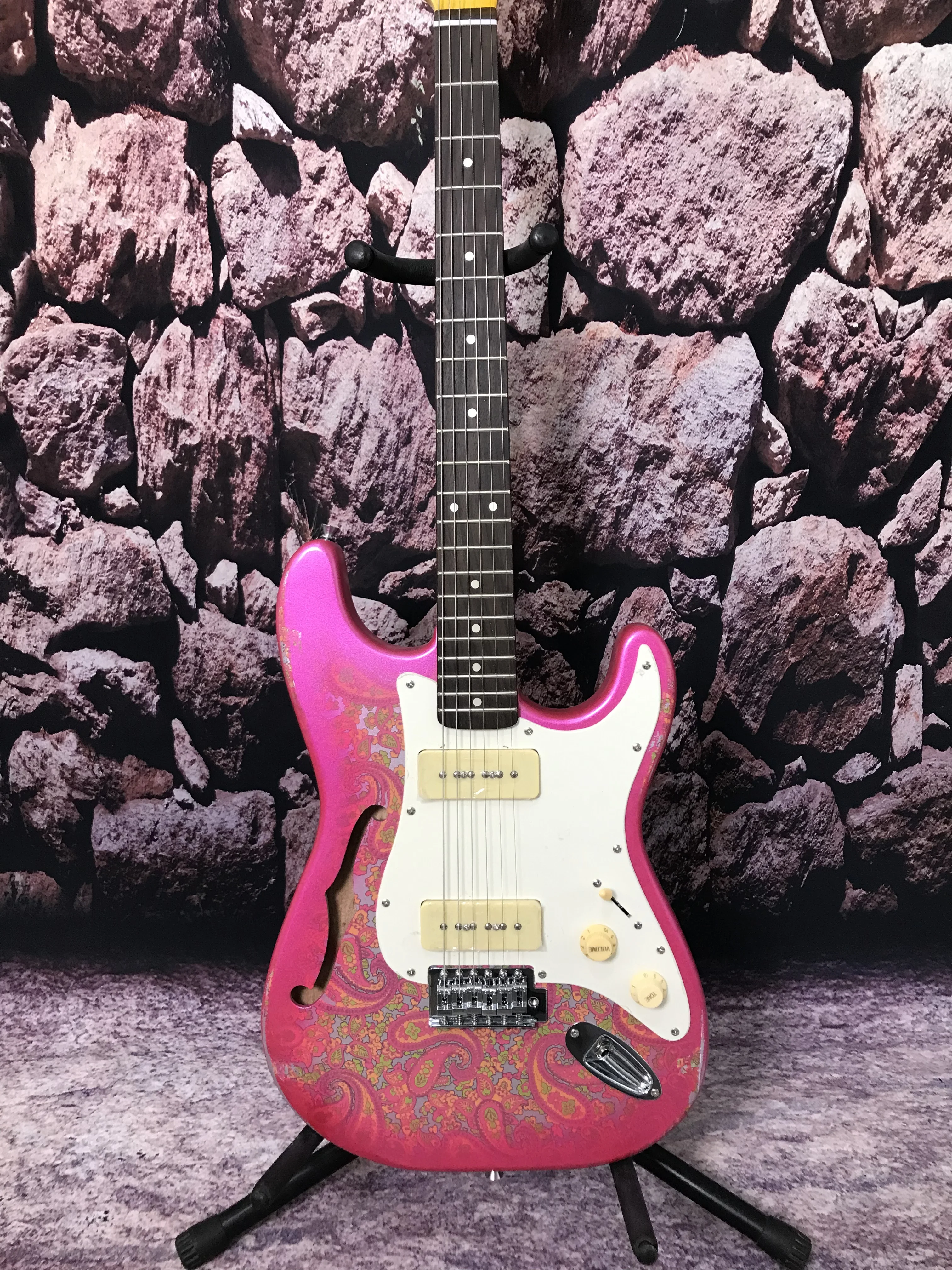 Factory Custom electric guitar half hollow body  pink color light relic Paisley