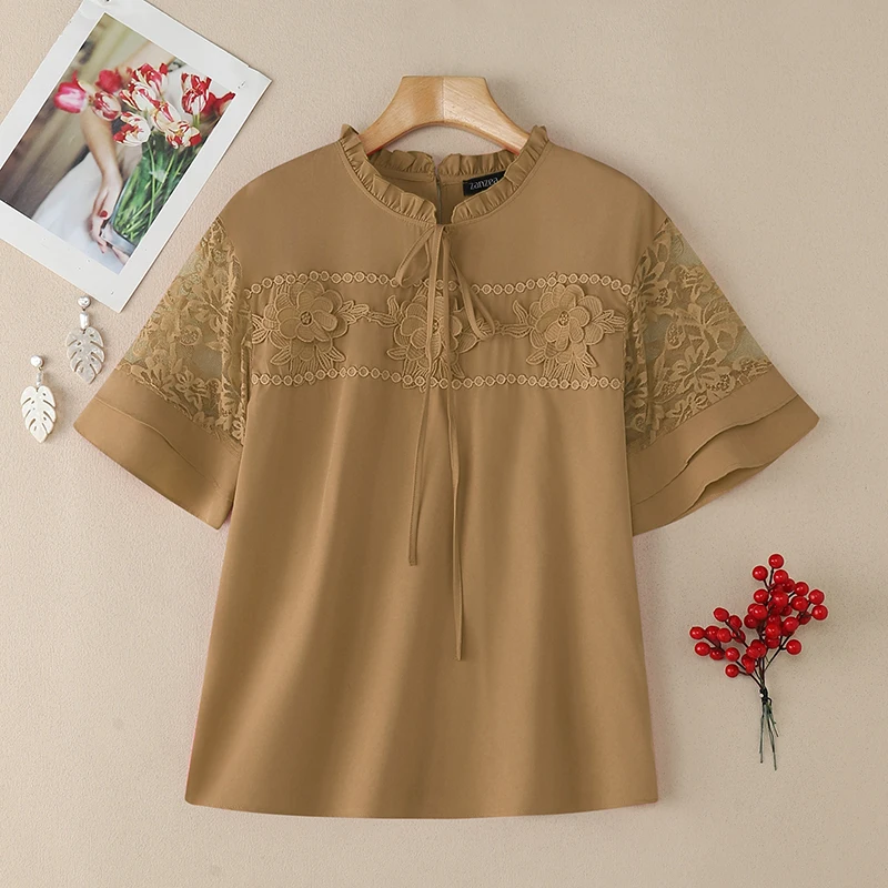 

2026 ZANZEA Summer Blouse Women Embroidered Floral Tops Short Sleeve Hollow Out Work Blouse Tunic Elegant Lace -Up Holiday Shirt