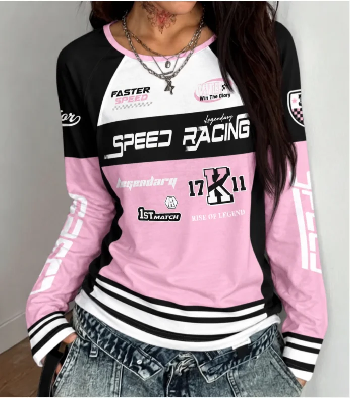 Y2K Sweet Cool Racing Crop Top Women Long Sleeve Striped Slim Fit Casual Sports Shirt Aesthetic Y2K Streetwear