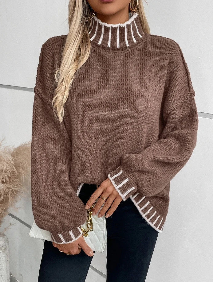 

Women's Casual Striped High Neck Sweater Temperament Commuting Autumn & Winter Female Fashion Loose Knitted Pullover Top