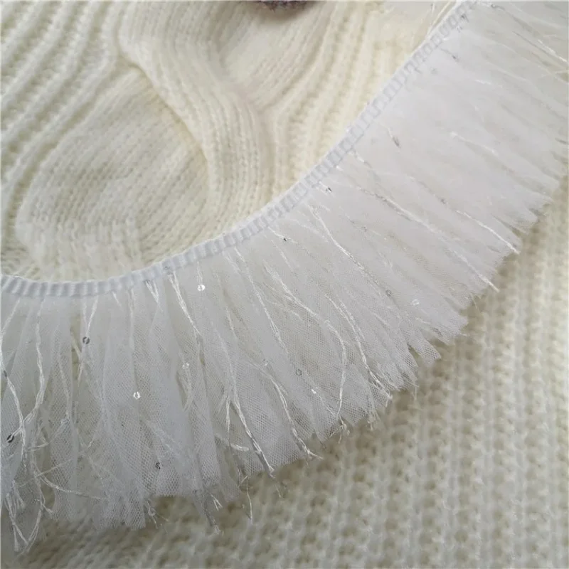 9cm Wide White Sequin Mesh Tassel Lace Ribbon Fabric DIY Toy Doll Pet Clothing Material Female Fashion Skirt Sewing Accessories