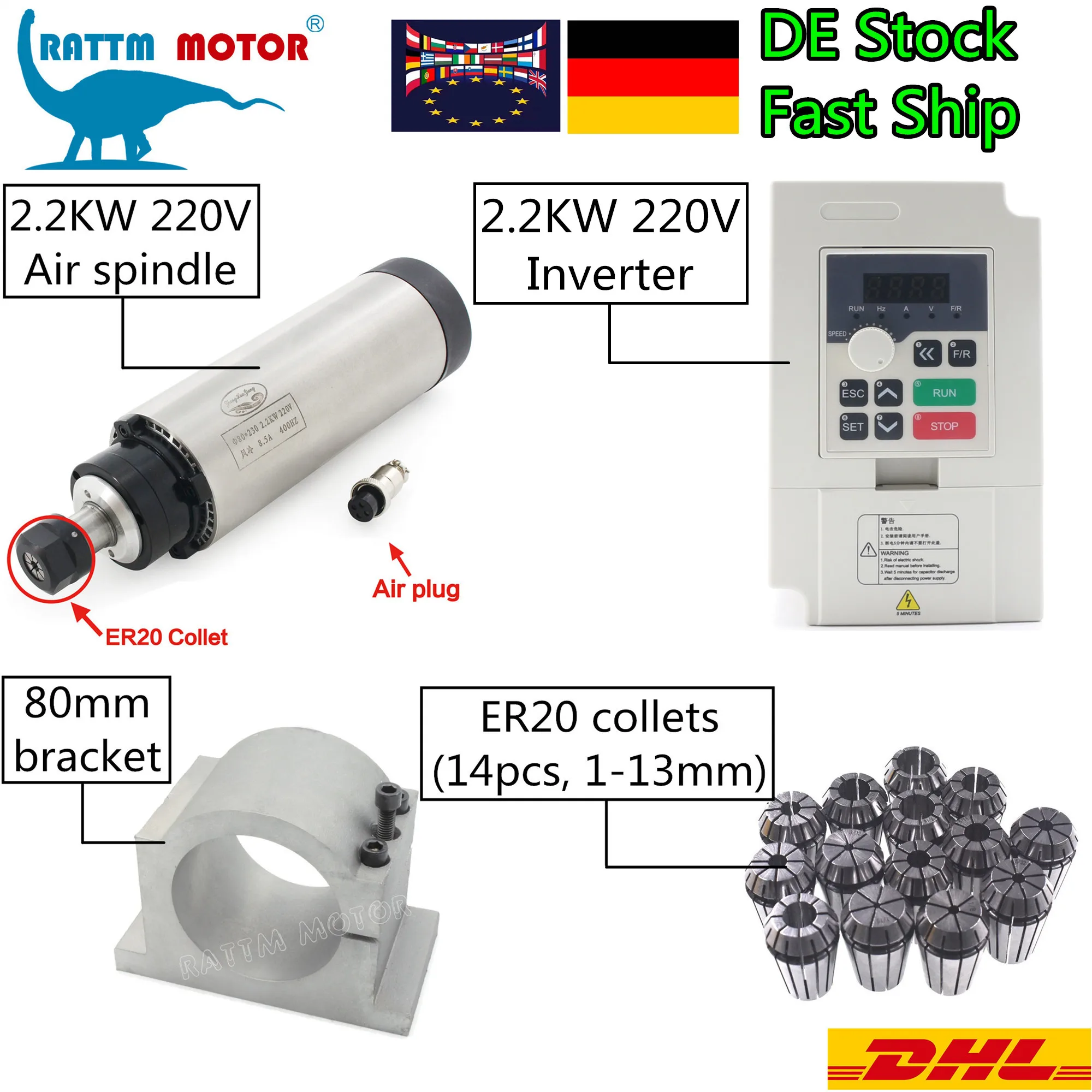 【EU Stock】CNC Engraving Kit 2.2kw ER20 Air Cooled Spindle Kit Air Cooling Spindle & 2.2kw Inverter & 80mm Bracket & ER20 Collets