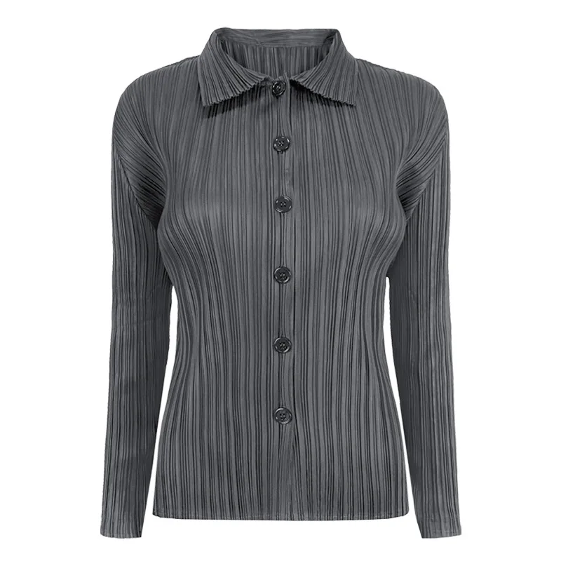Miyake Women Pleated Shirt, Lapel Long Sleeve Button Down Slim Fit Vertical Pleated Blouse