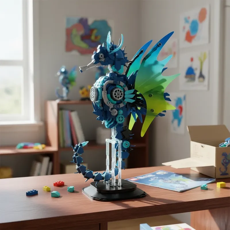

2025 ​ Креативный набор строительных блоков с океанскими животными, механическая модель морского конька, сделай сам, декор для рабочего стола, подарки на день рождения, Хэллоуин, Рождество