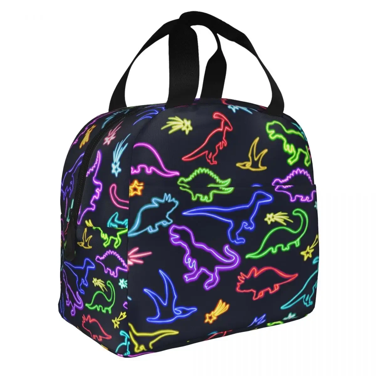 Lunch Bag para Homens e Mulheres, Dinossauros de Neon Refrigerador Isolado Lancheira Portátil de Lona, Food Bag, Picnic School Bag