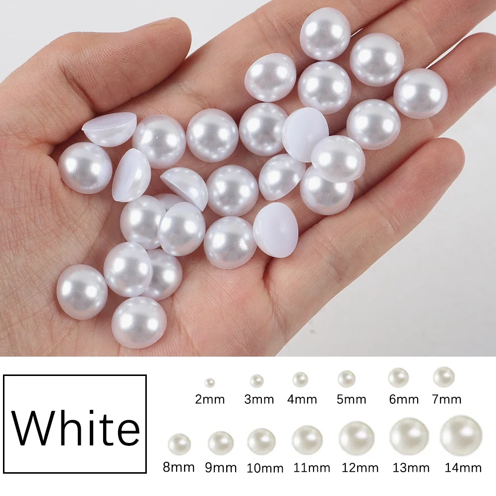 Flat Back White ABS Imitation Pearl Beads Half Round Flatback Pearls Glue On Stones 2mm-14mm For Nail Art DIY Crafts Decoration