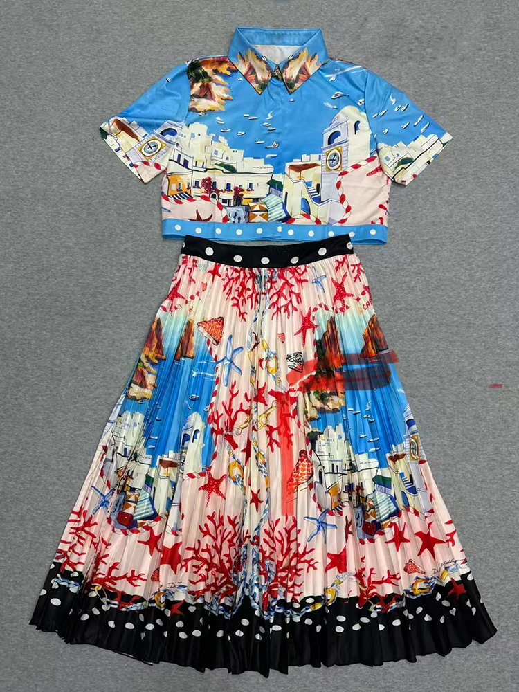 

Retro geometric print lapel short shirt two-piece set for 2025 summer women's wear+elastic waist loose pleated skirt fashion set