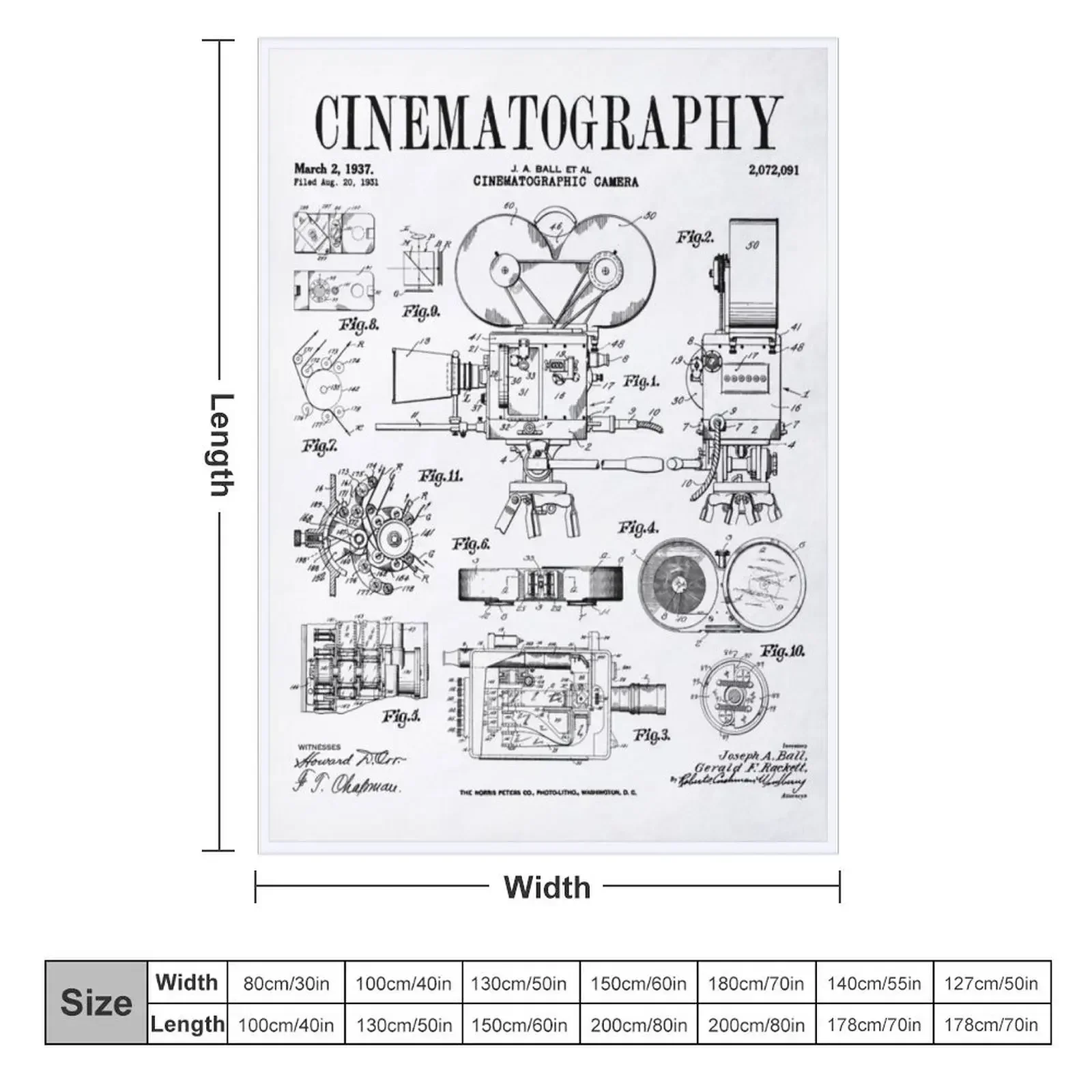Cinematography Movie Film Camera Vintage Patent Print Throw Blanket couch cozy soft plush fuzzy picnic outdoor blanket