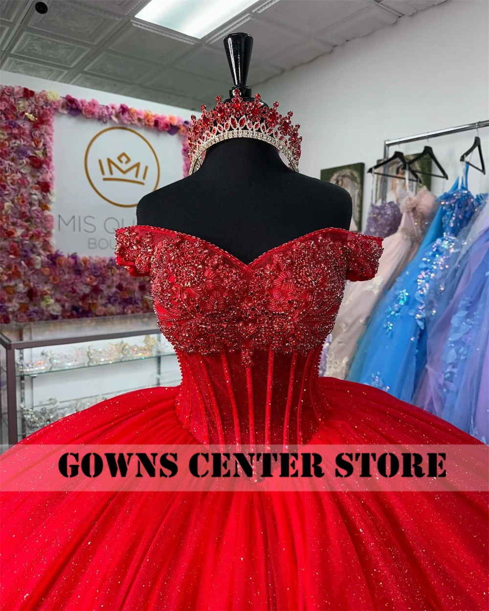 México vermelho frisado strass quinceanera vestido 2024 vestido de baile fora do ombro brilhante cinderela espartilho vestidos personalizados