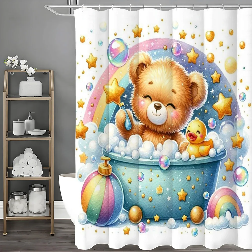 

Rainbow-colored baby bear for bathing Shower Curtain Washable Dirt-Resistant Shower Head waterproof Polyester Bath Curtain