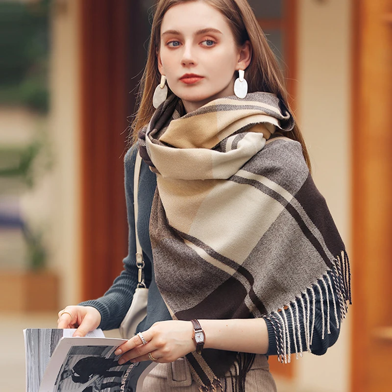 

Johnature 2024 Winter New Women Scarf Shawl Casual Plaid Hit Color All Match Tassel Thicken Warm Multifunction Female Scarves