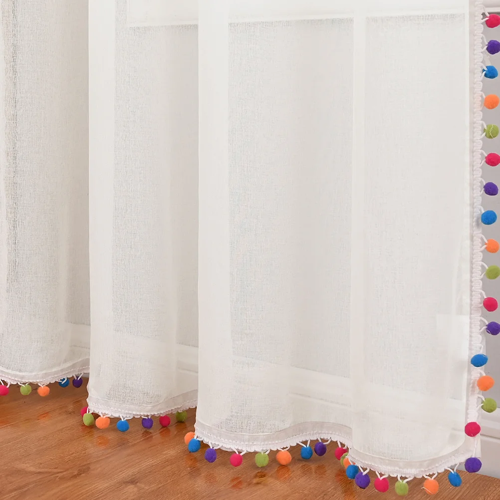 

Short Polyester Window Curtain Kitchen Bedroom Decorative Pompom Trim Home Supplies Kitchen Short Curtain