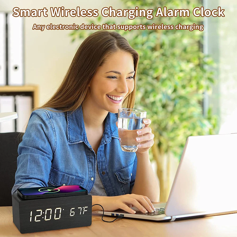 

LED Wireless Charging Wood Alarm Clock Easy Reading Rectangles Tabletop Clocks For Nightstand