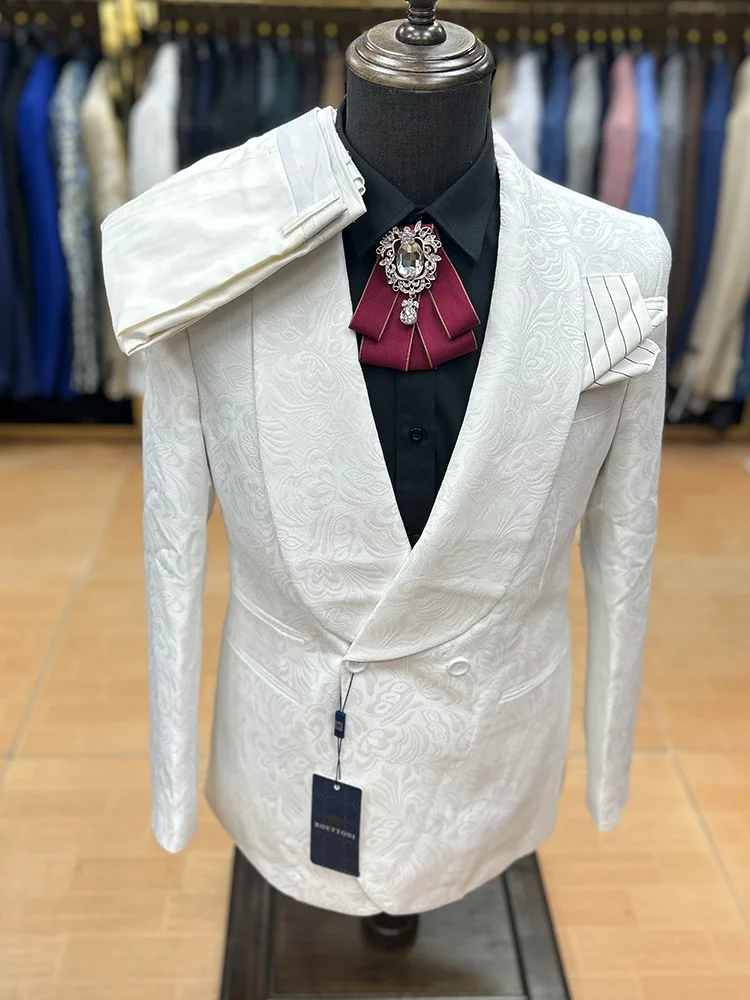 

Homme Men Wedding Groom Suit Jacquard Weave Slim Fit Jacket+Vest+Trousers White Printed Flower Big Size 5xl Luxury Party Stage