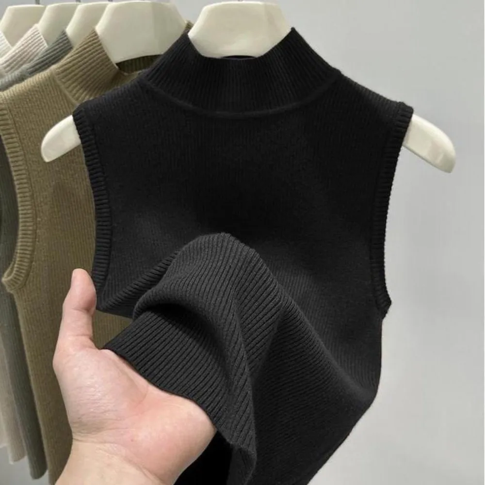 Elegant Solid Color Knitted Vest Half-turtleneck Slim Fit Camisole Sleeveless Casual Stand Collar Top Women